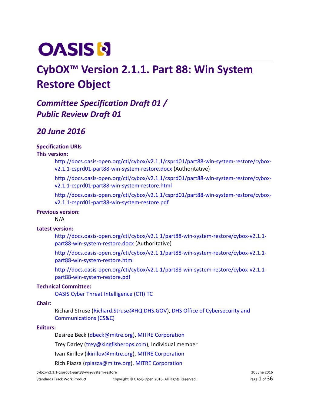 Cybox Version 2.1.1. Part 88: Win System Restore Object