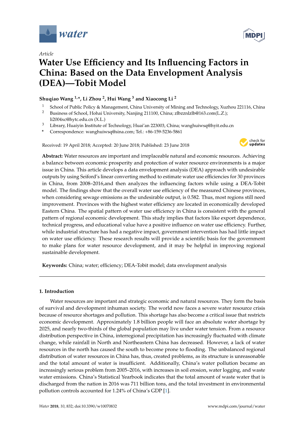 Water Use Efficiency and Its Influencing Factors in China