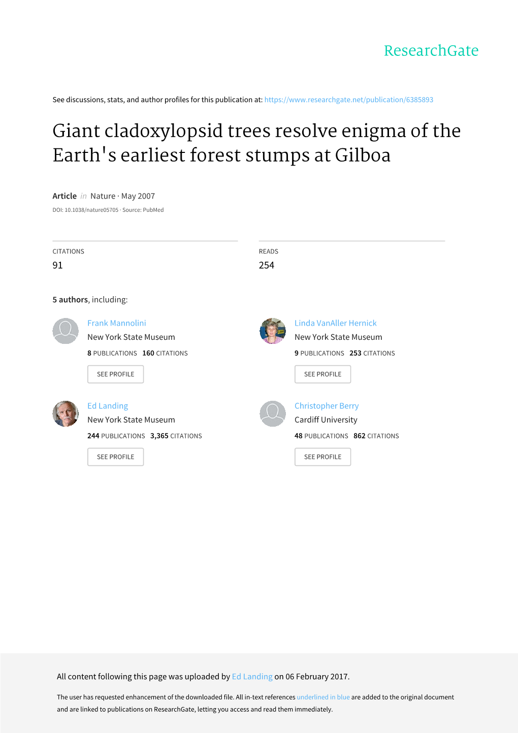 Giant Cladoxylopsid Trees Resolve Enigma of the Earth's Earliest Forest Stumps at Gilboa