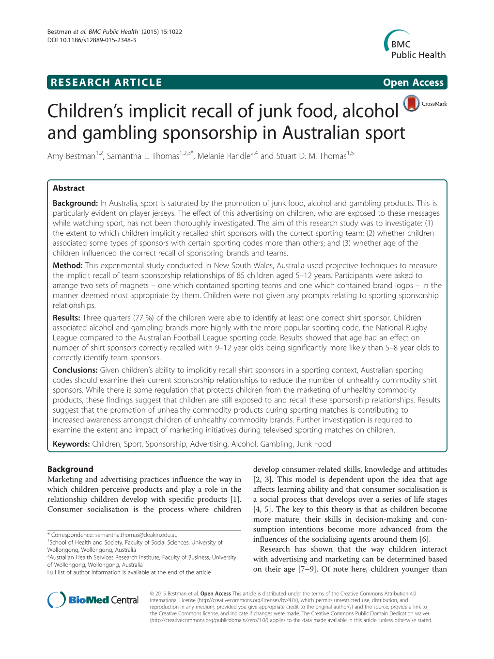 Children's Implicit Recall of Junk Food, Alcohol and Gambling Sponsorship in Australian Sport