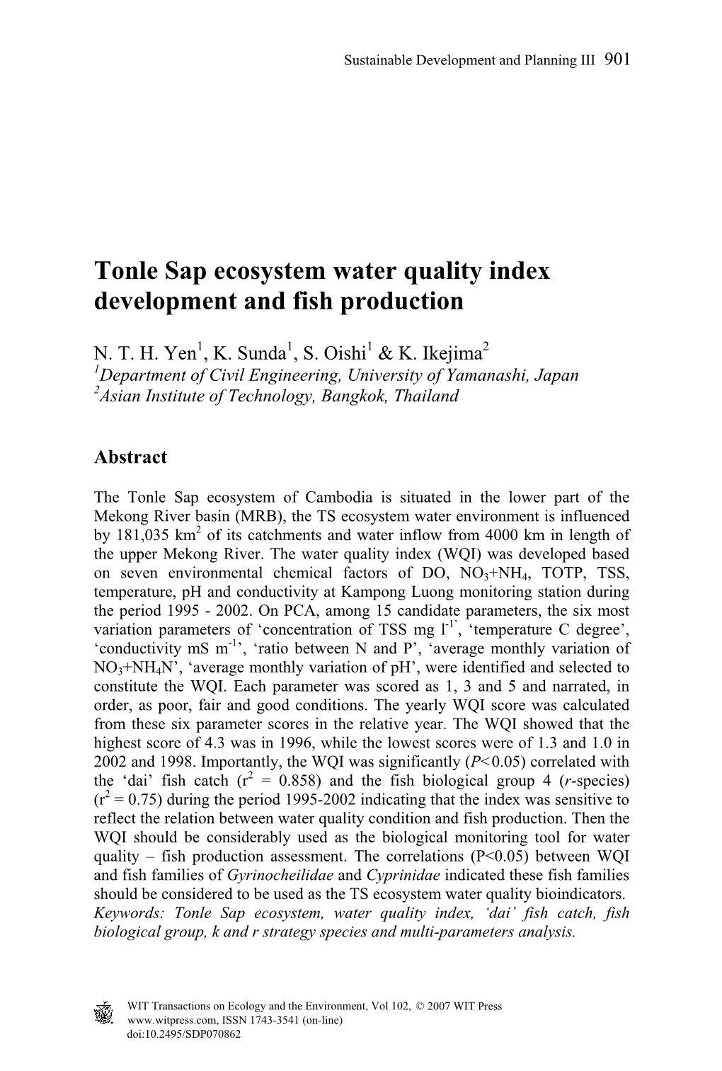 Tonle Sap Ecosystem Water Quality Index Development and Fish Production