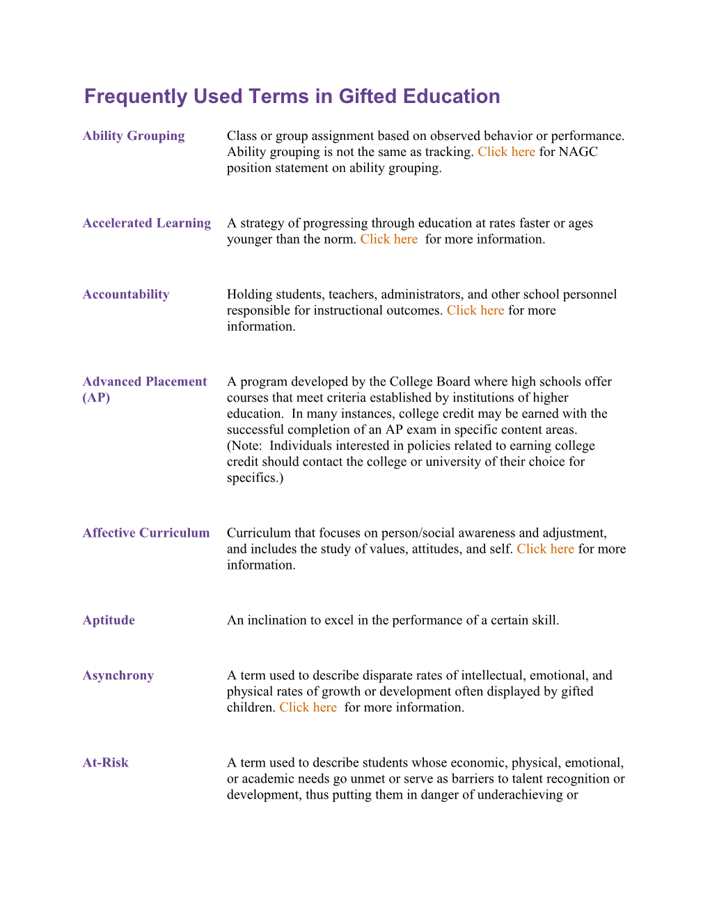 Frequently Used Terms in Gifted Education