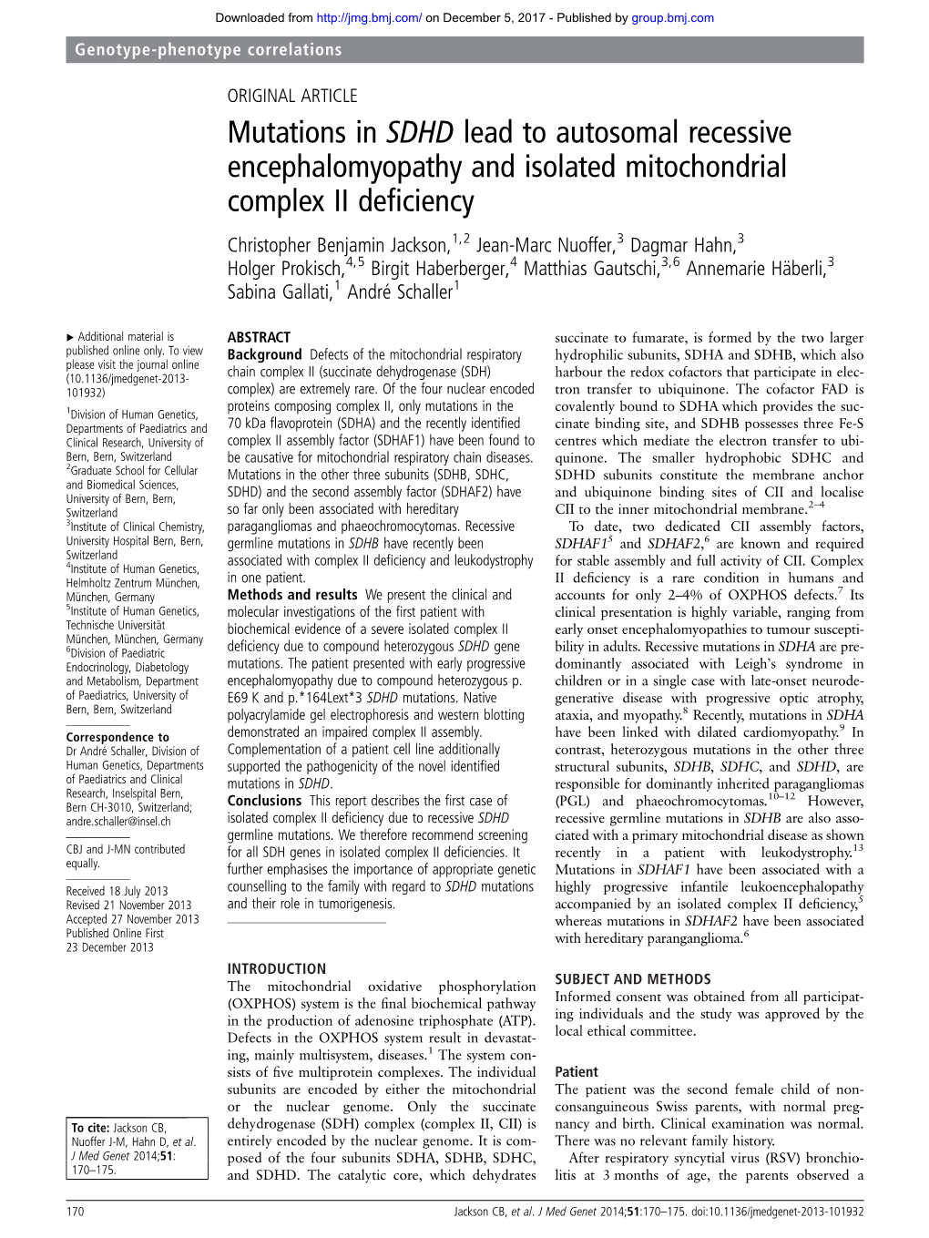 Mutations in SDHD Lead to Autosomal Recessive Encephalomyopathy And