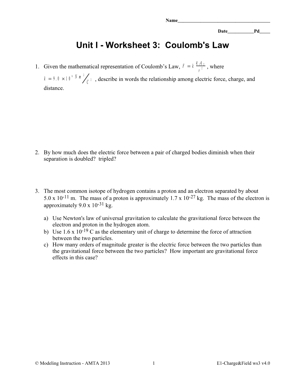 Unit I - Worksheet 3: Coulomb's Law