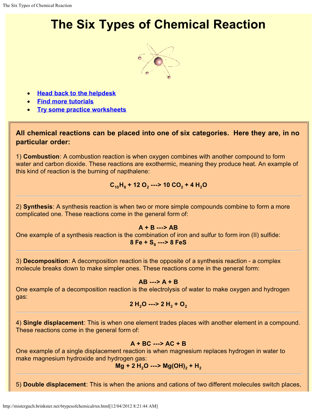 The Six Types of Chemical Reaction