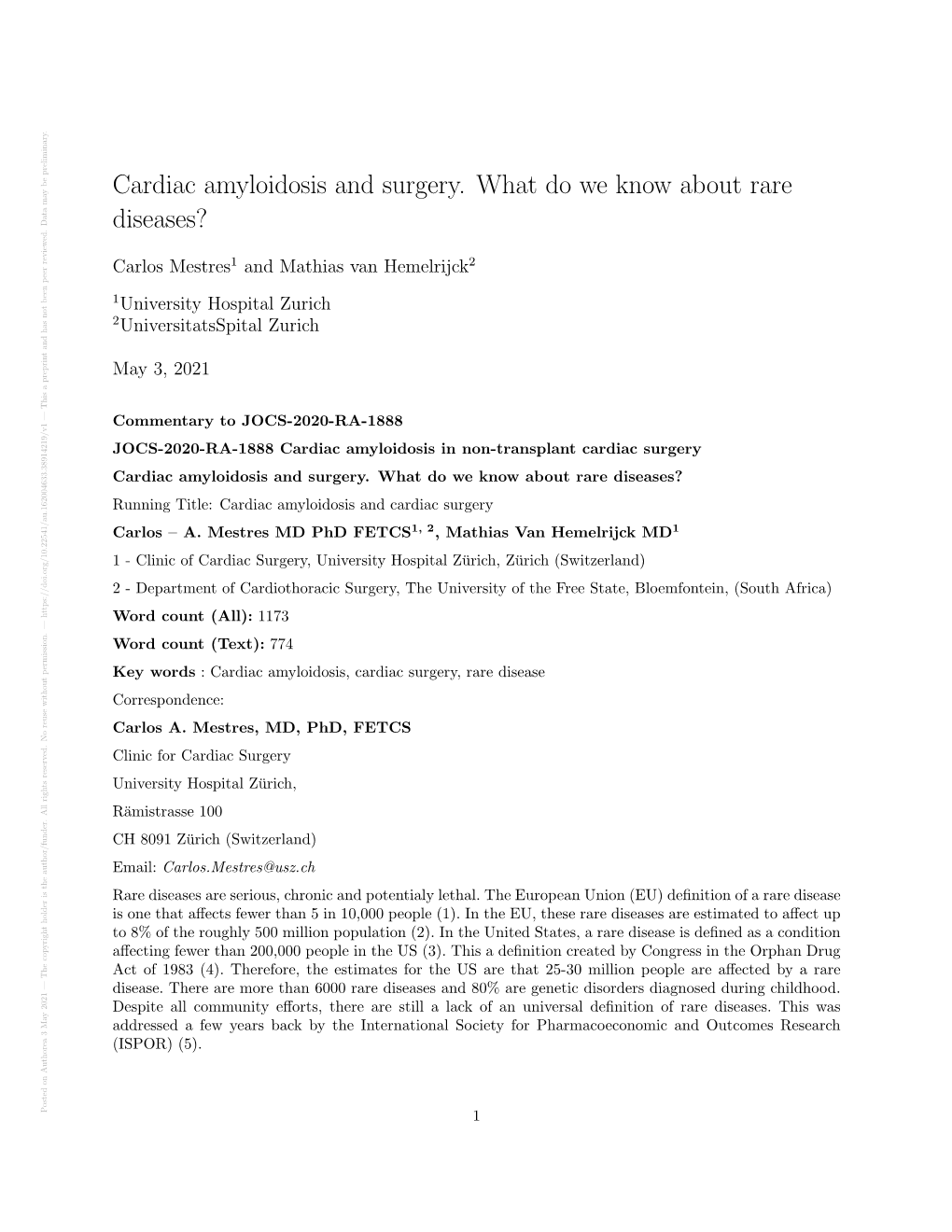 Cardiac Amyloidosis and Surgery. What Do We Know About Rare