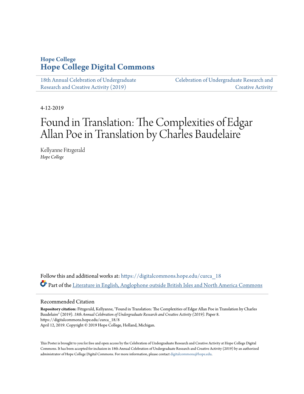 The Complexities of Edgar Allan Poe in Translation by Charles Baudelaire Kellyanne Fitzgerald