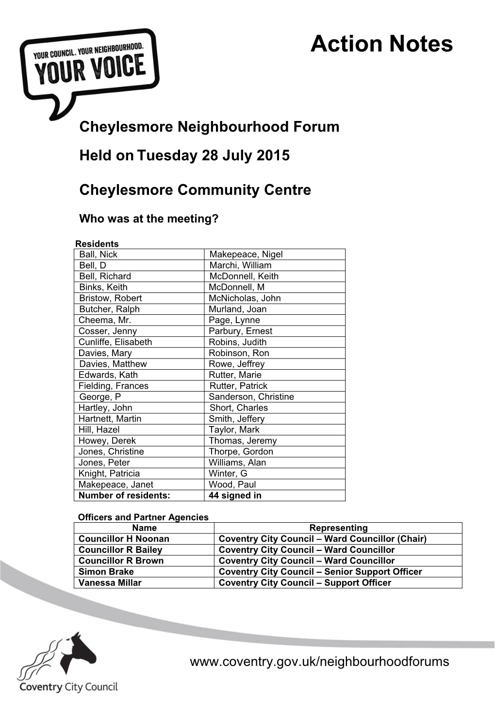 Cheylesmore Neighbourhood Forum Held on Tuesday 28 July 2015