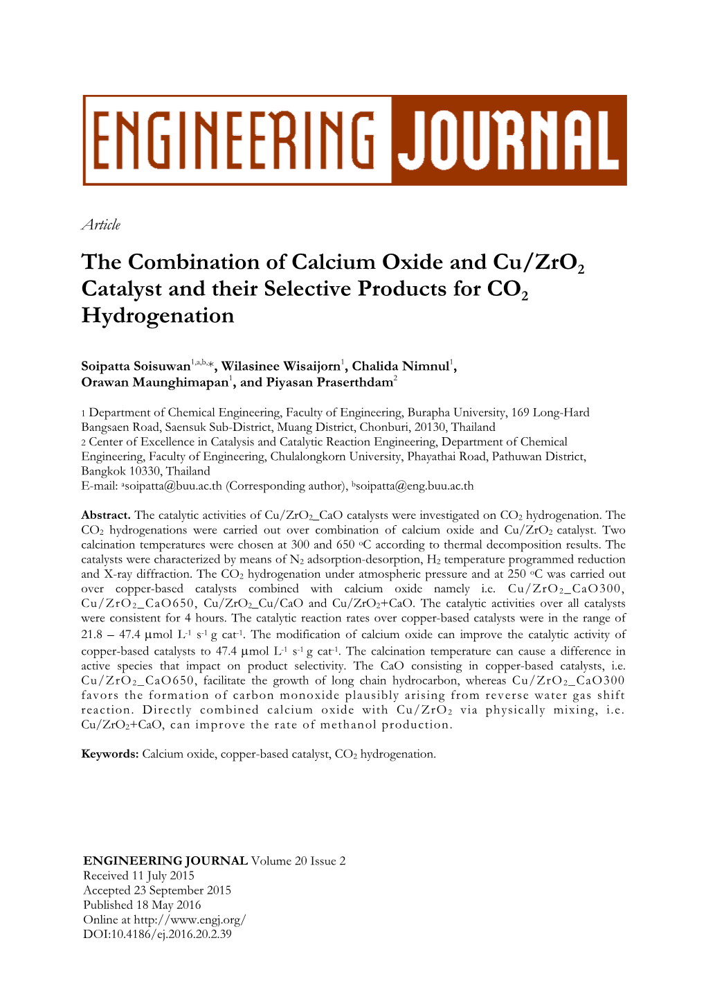 The Combination of Calcium Oxide and Cu/Zro2 Catalyst and Their Selective Products for CO2 Hydrogenation