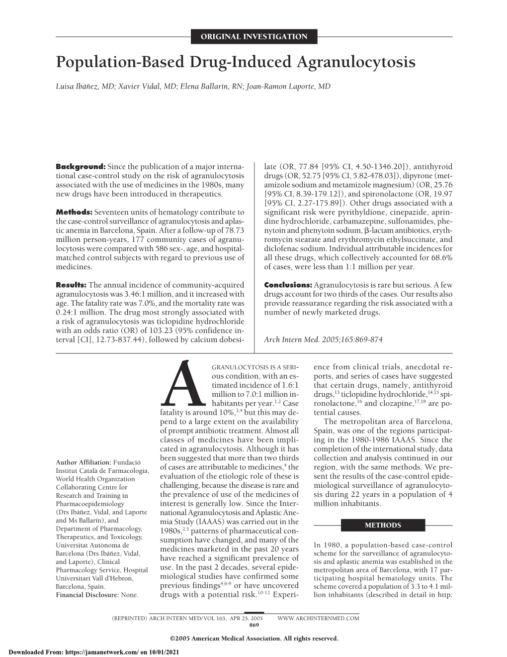 Population-Based Drug-Induced Agranulocytosis