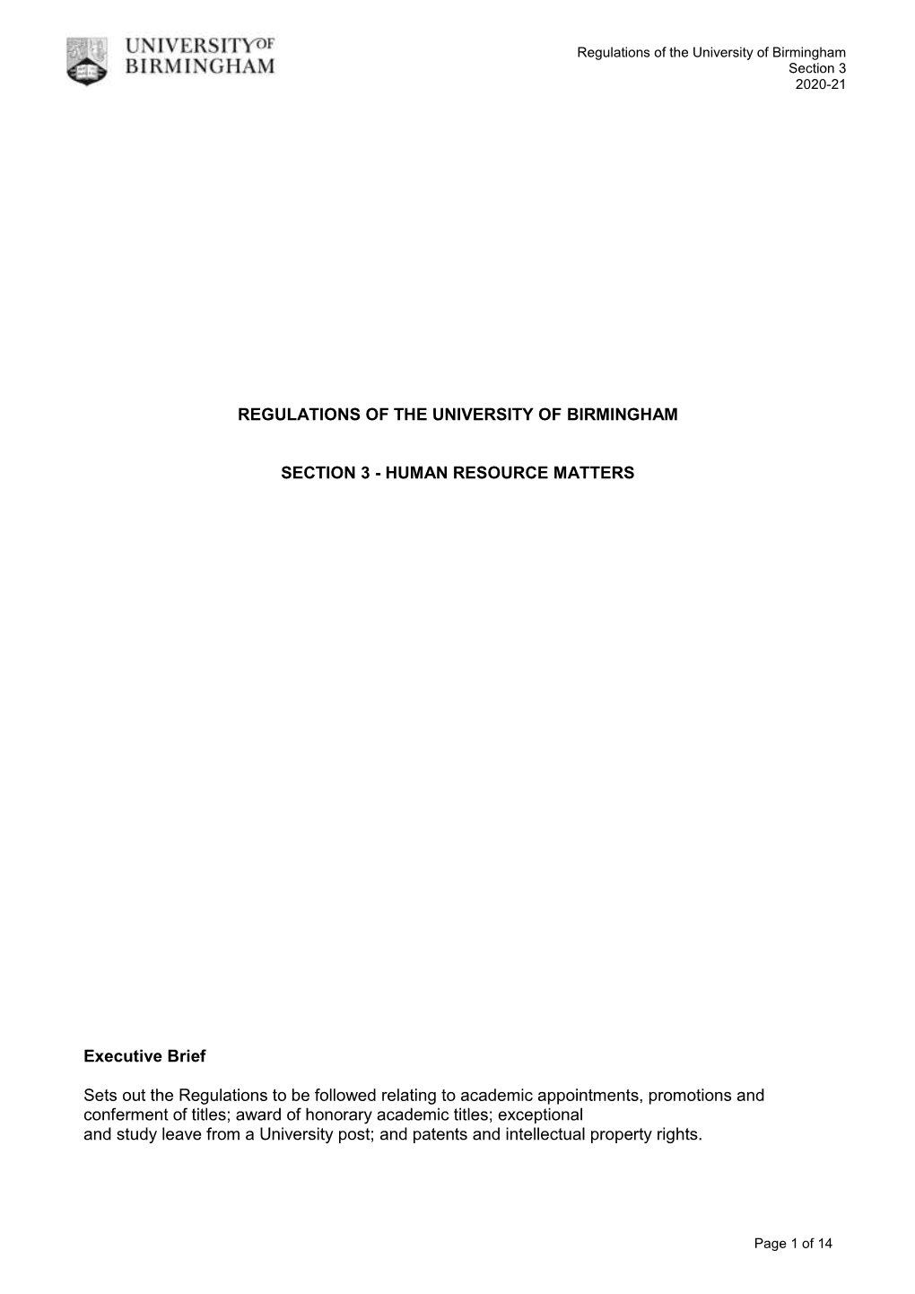 Regulations of the University of Birmingham Section 3 2020-21