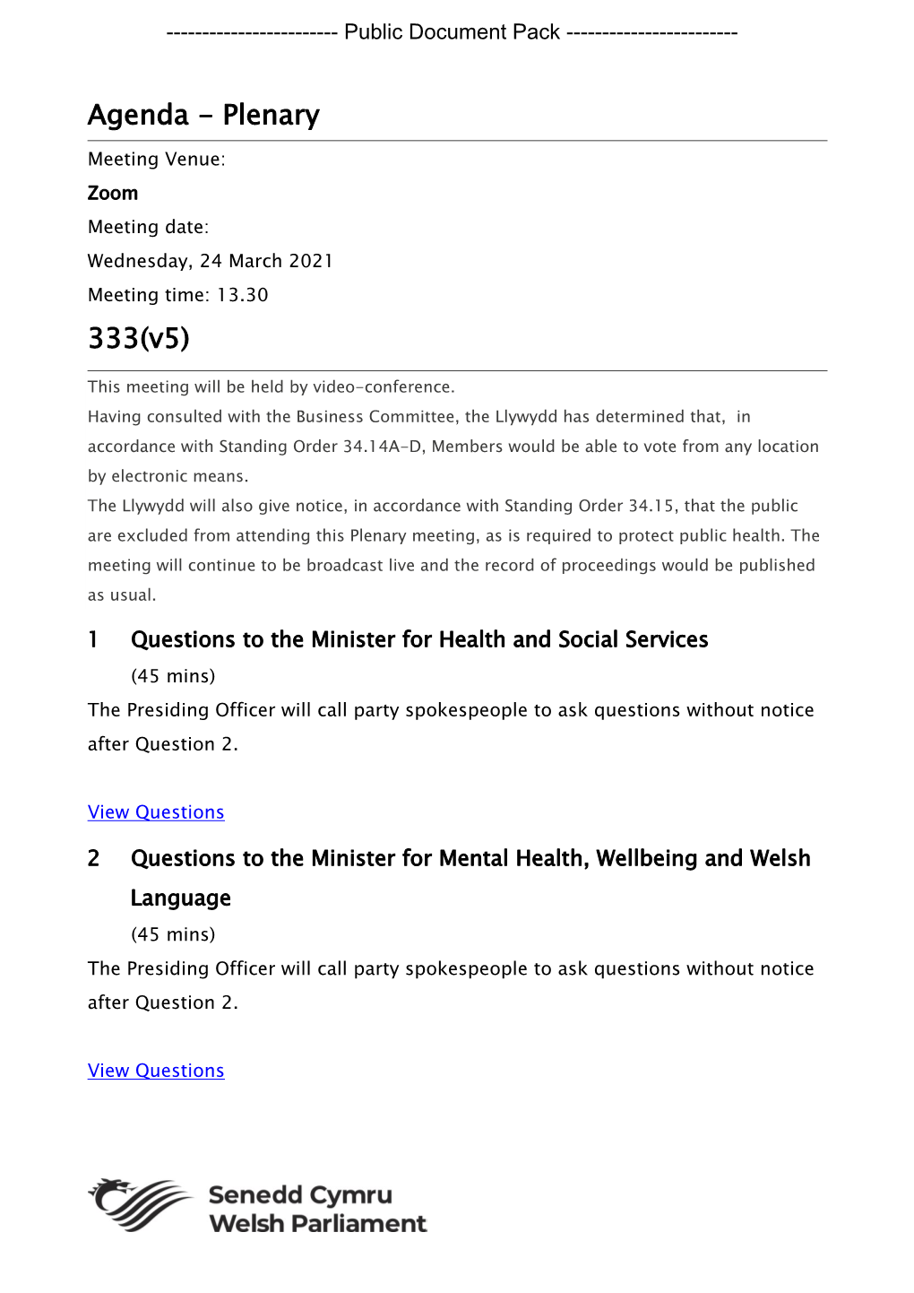 (Public Pack)Agenda Document for Plenary, 24/03/2021 13:30