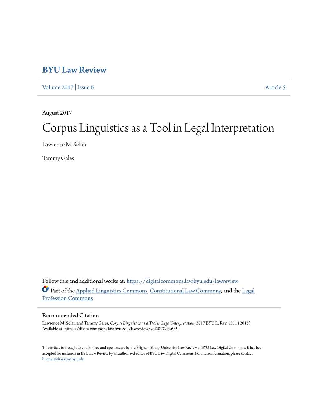 Corpus Linguistics As a Tool in Legal Interpretation Lawrence M