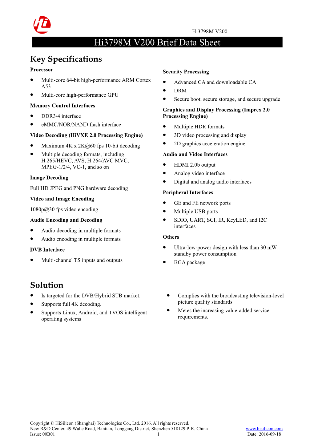 Hi3798m V200 Brief Data Sheet