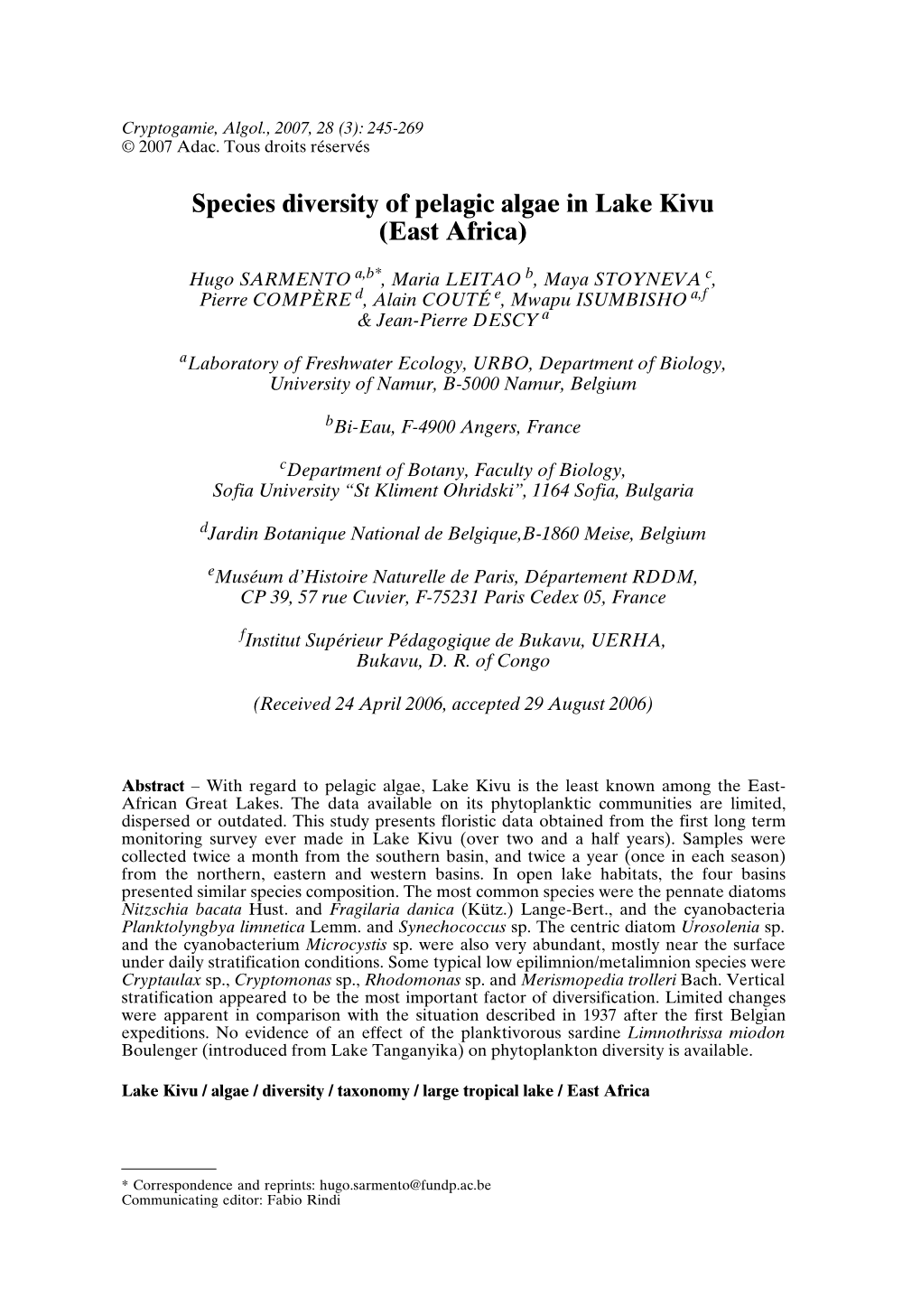 Species Diversity of Pelagic Algae in Lake Kivu (East Africa)