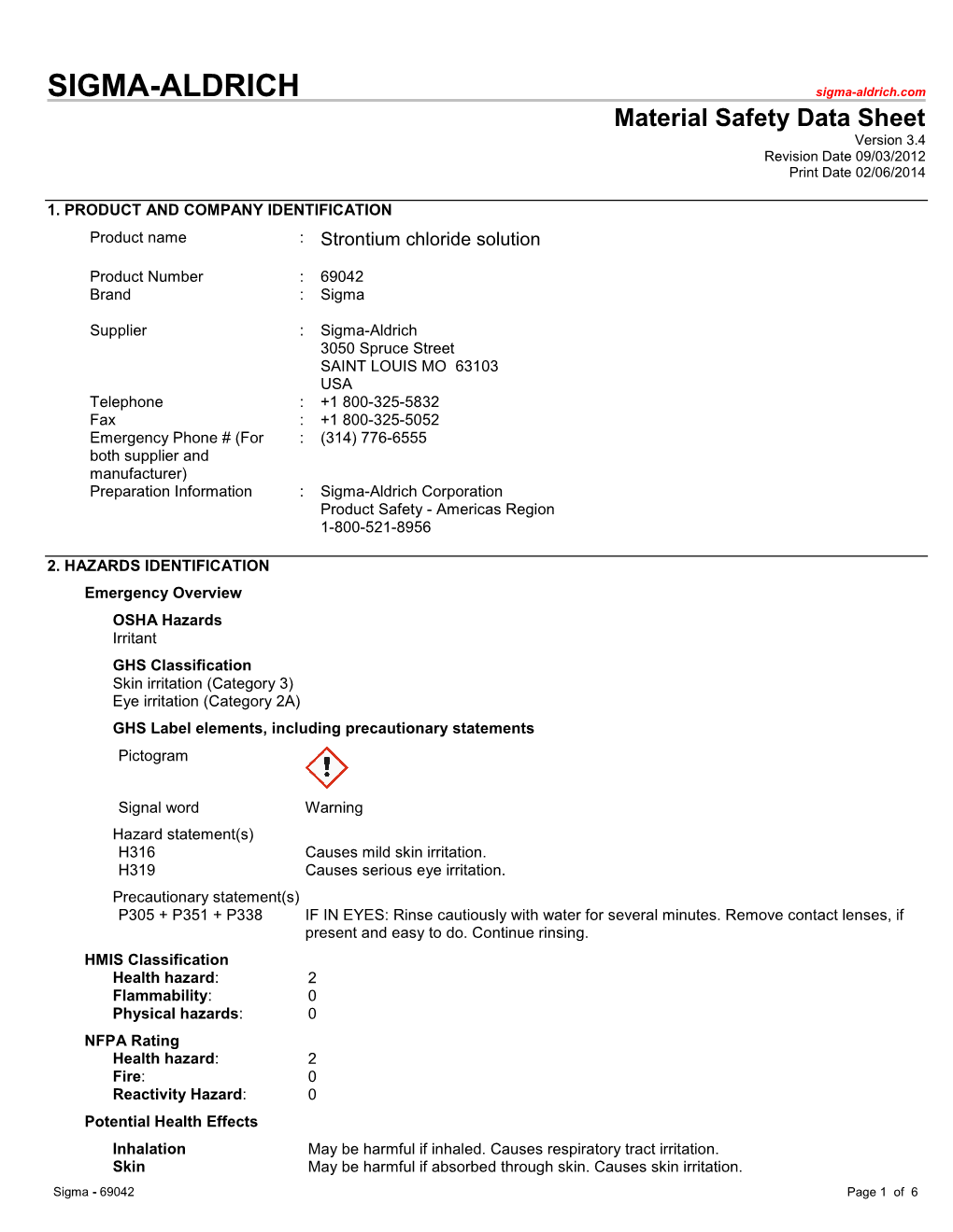 Material Safety Data Sheet Version 3.4 Revision Date 09/03/2012 Print Date 02/06/2014