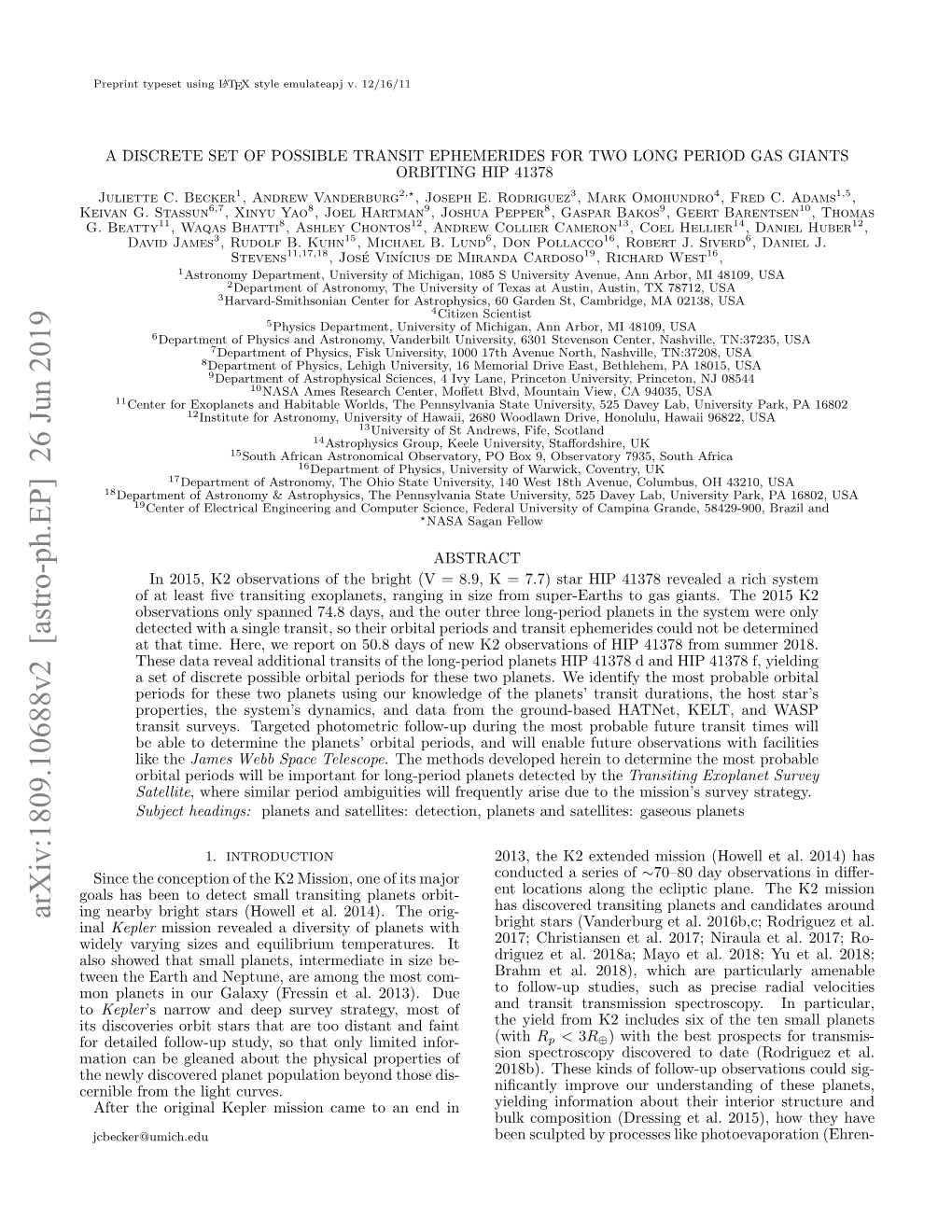 Arxiv:1809.10688V2 [Astro-Ph.EP] 26 Jun 2019 Ing Nearby Bright Stars (Howell Et Al