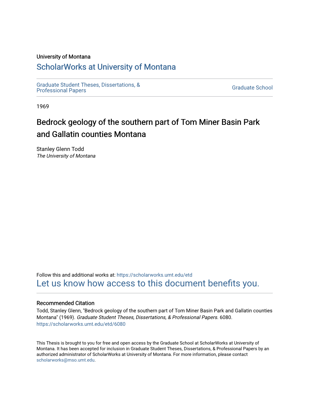 Bedrock Geology of the Southern Part of Tom Miner Basin Park and Gallatin Counties Montana