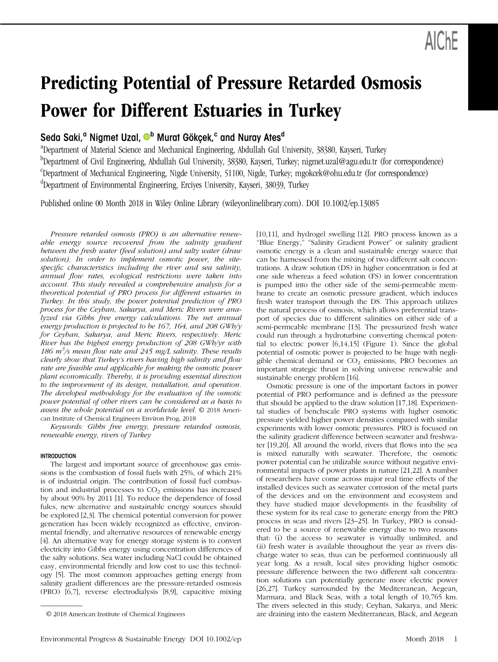 Predicting Potential of Pressure Retarded Osmosis Power for Different Estuaries in Turkey