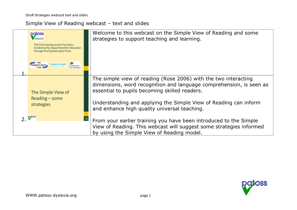 Simple View of Reading Webcast – Text and Slides Welcome to This Webcast on the Simple View of Reading and Some Strategies to Support Teaching and Learning