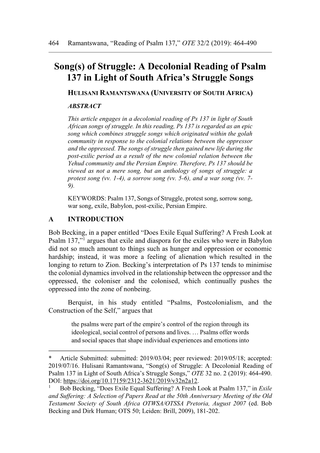 A Decolonial Reading of Psalm 137 in Light of South Africa's Struggle Songs