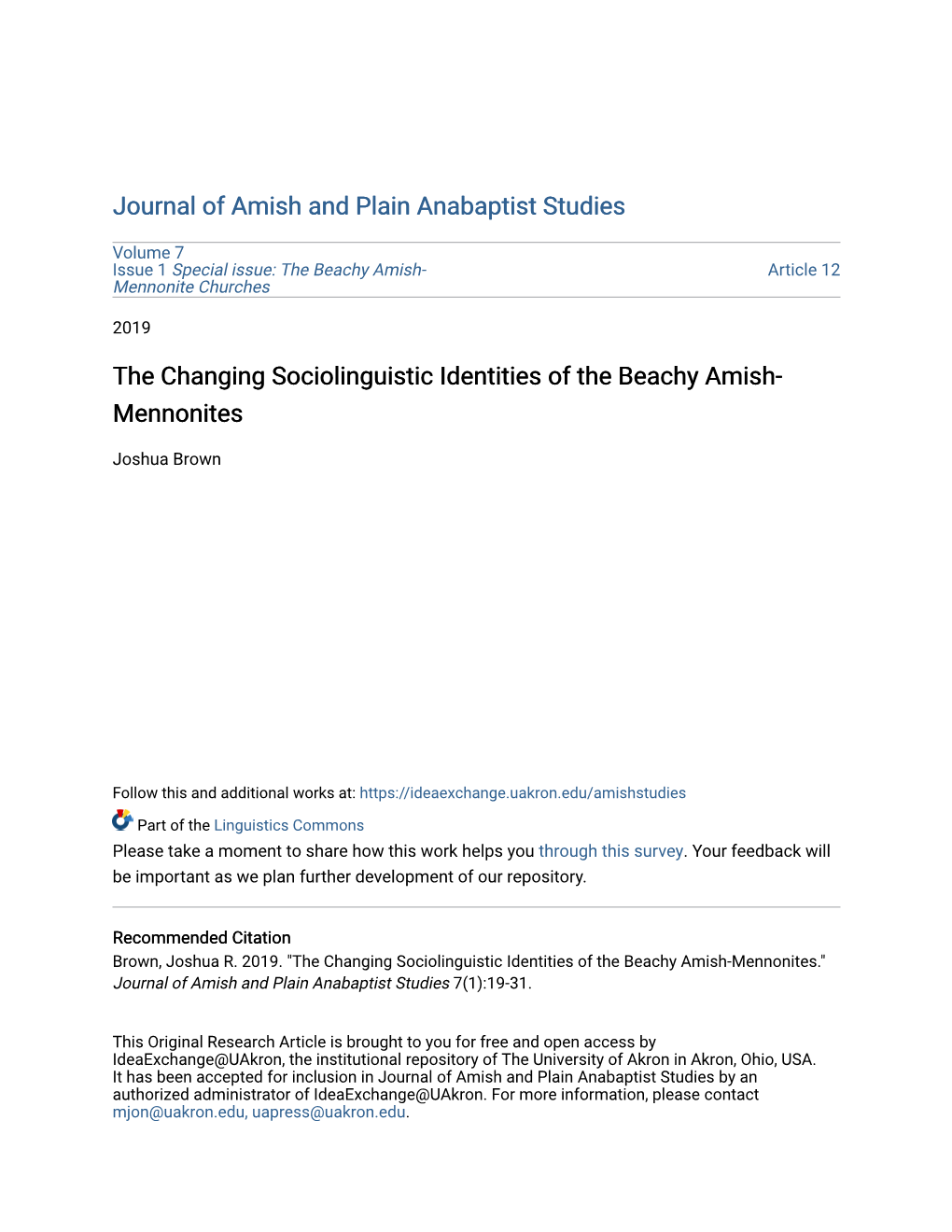 The Changing Sociolinguistic Identities of the Beachy Amish- Mennonites