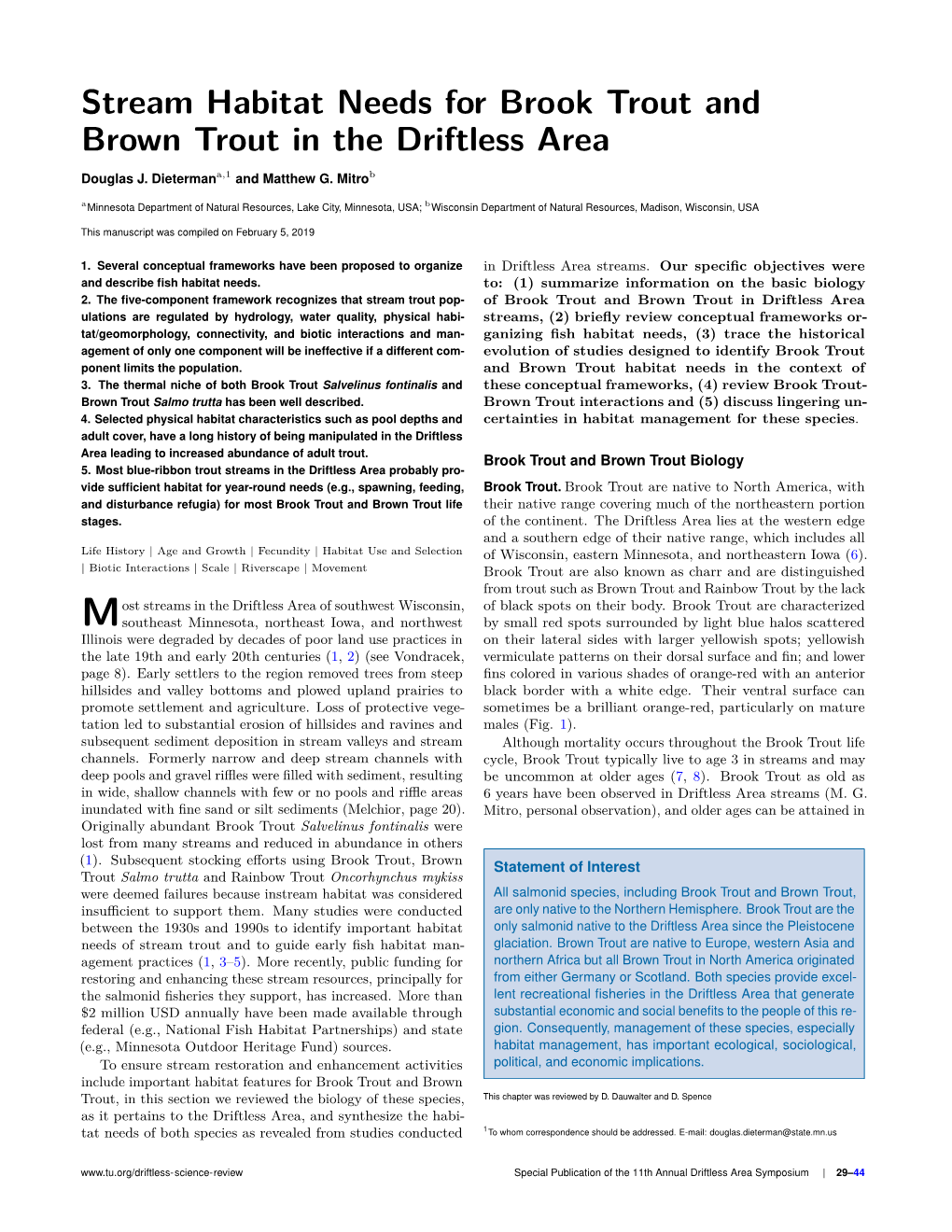 Stream Habitat Needs for Brook Trout and Brown Trout in the Driftless Area