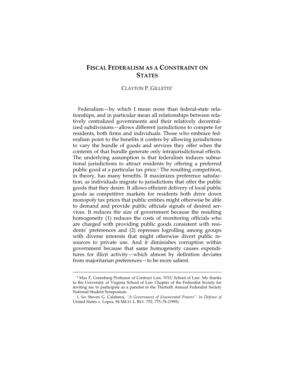 Fiscal Federalism As a Constraint on States