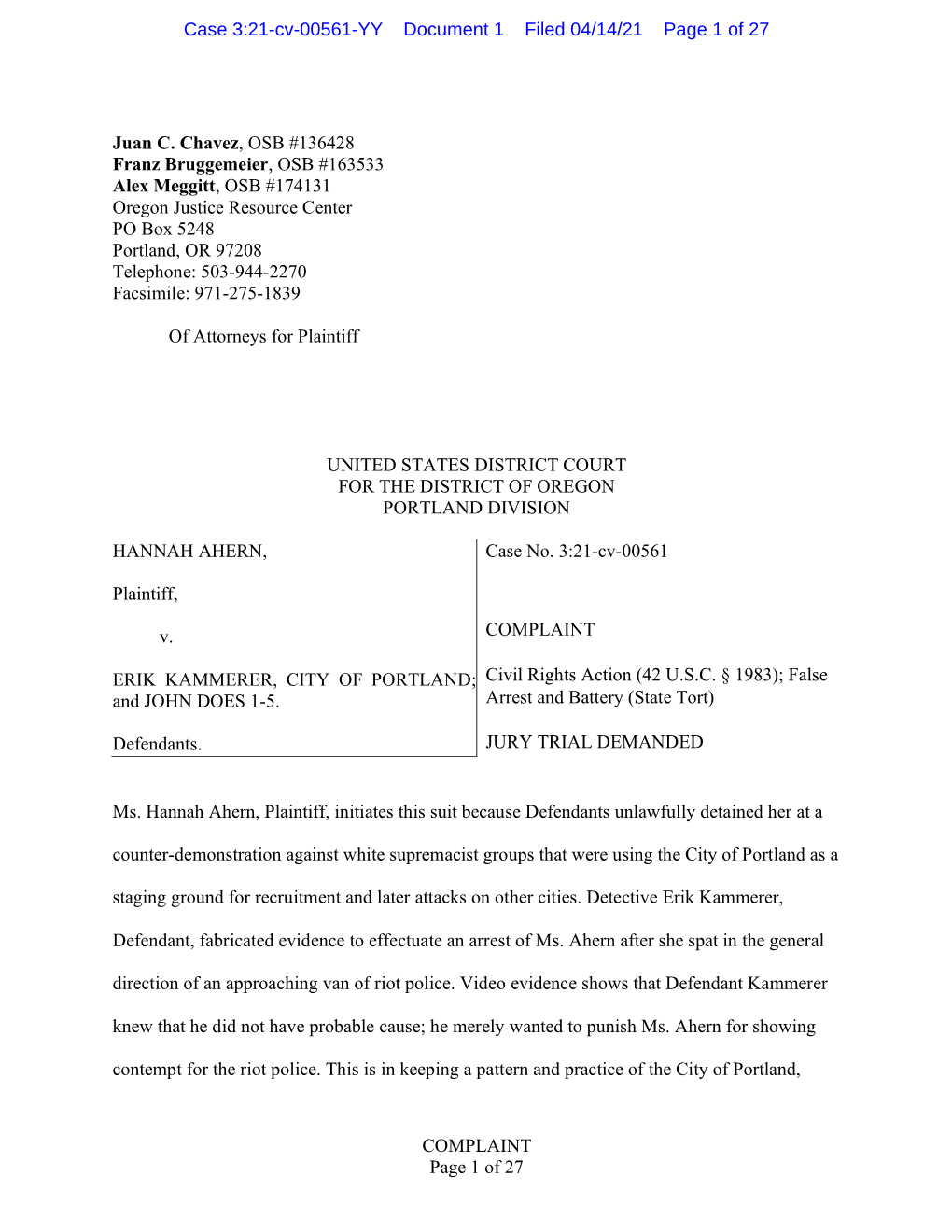 COMPLAINT Page 1 of 27 Juan C. Chavez, OSB #136428 Franz Bruggemeier, OSB #163533 Alex Meggitt, OSB #174131 Oregon Justice Resou