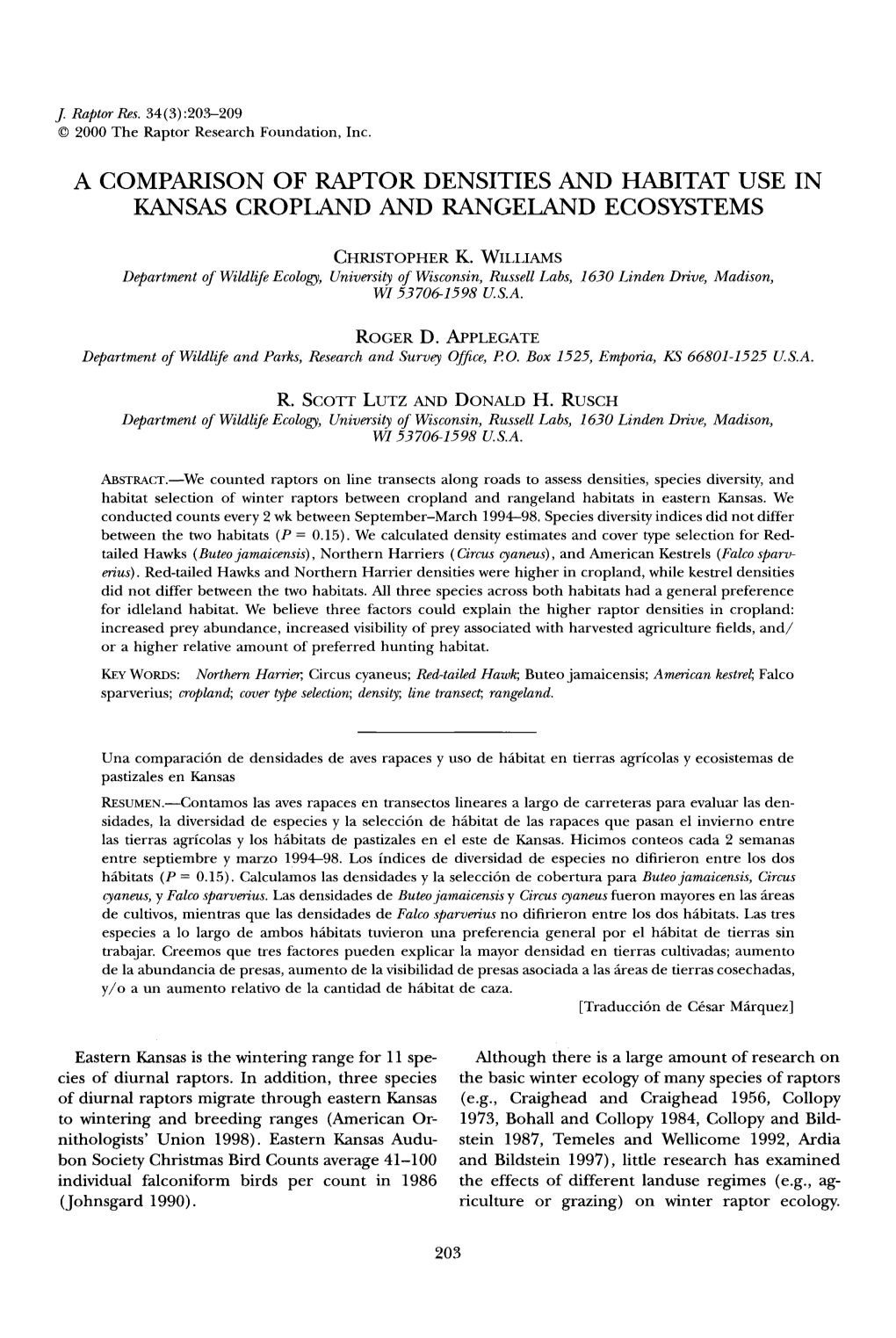 A Comparison of Raptor Densities and Habitat Use in Kansas Cropland and Rangeland Ecosystems