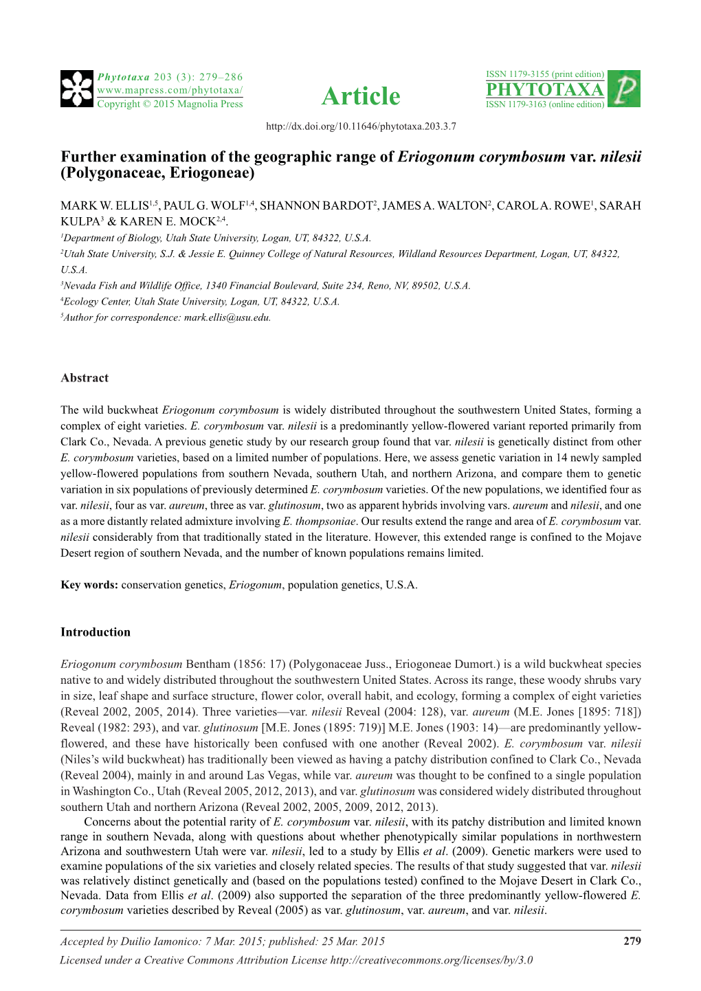 Further Examination of the Geographic Range of Eriogonum Corymbosum Var