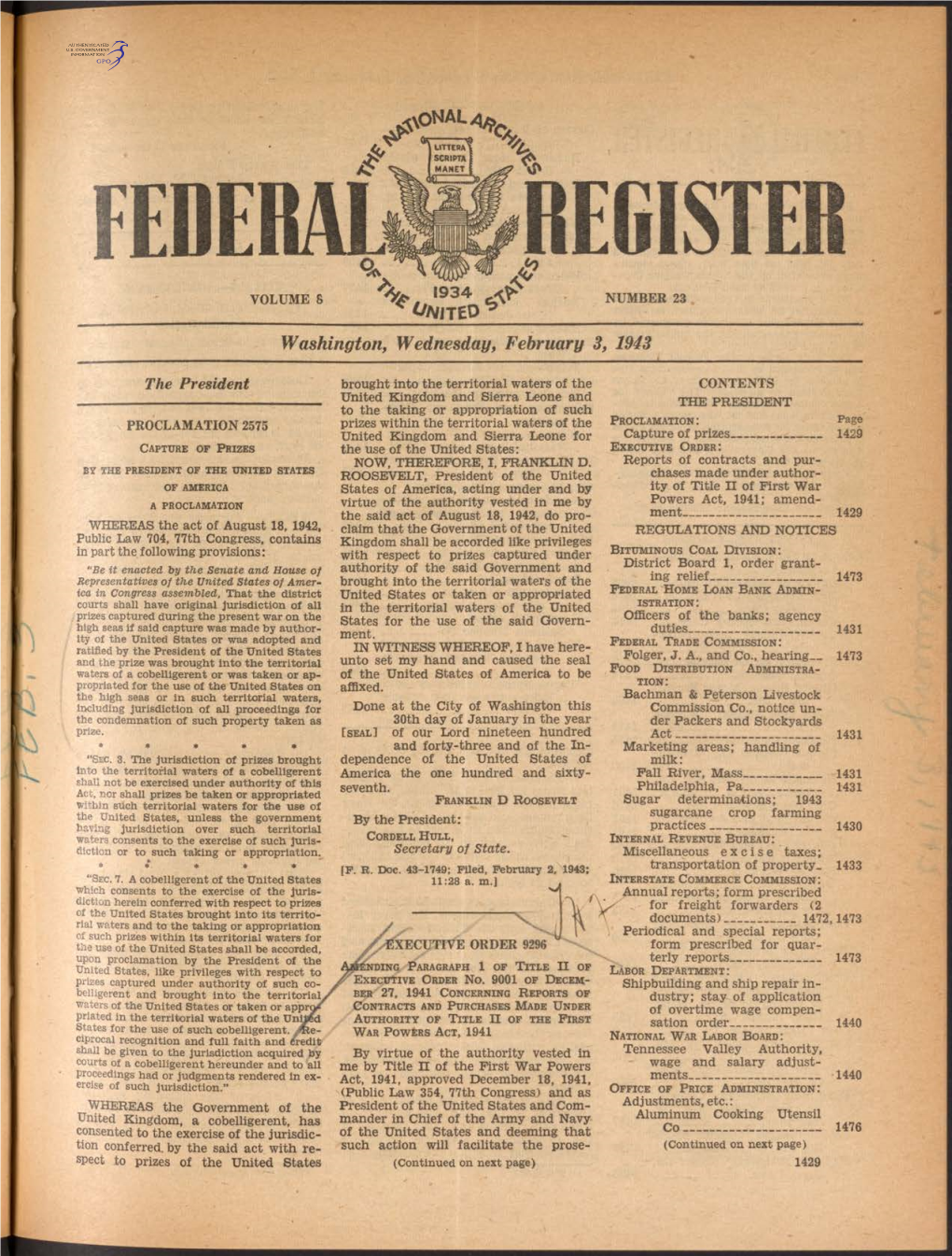 Federal Register Volume 8 ' 9 3 4 ^ Number 23