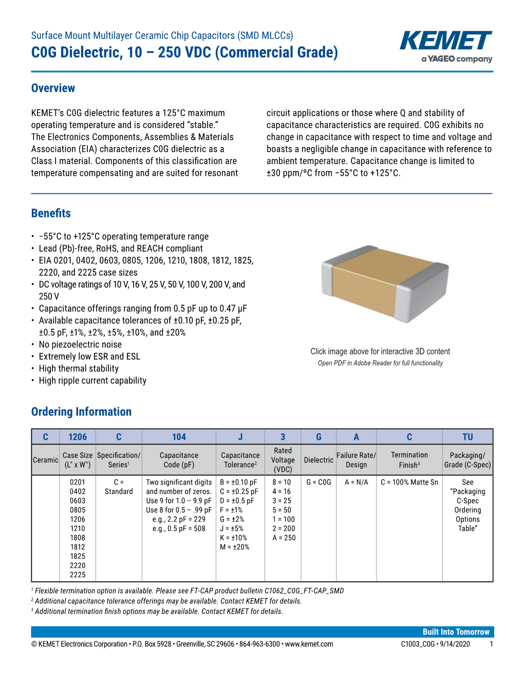 C0G Dielectric, 10 – 250 VDC (Commercial Grade)