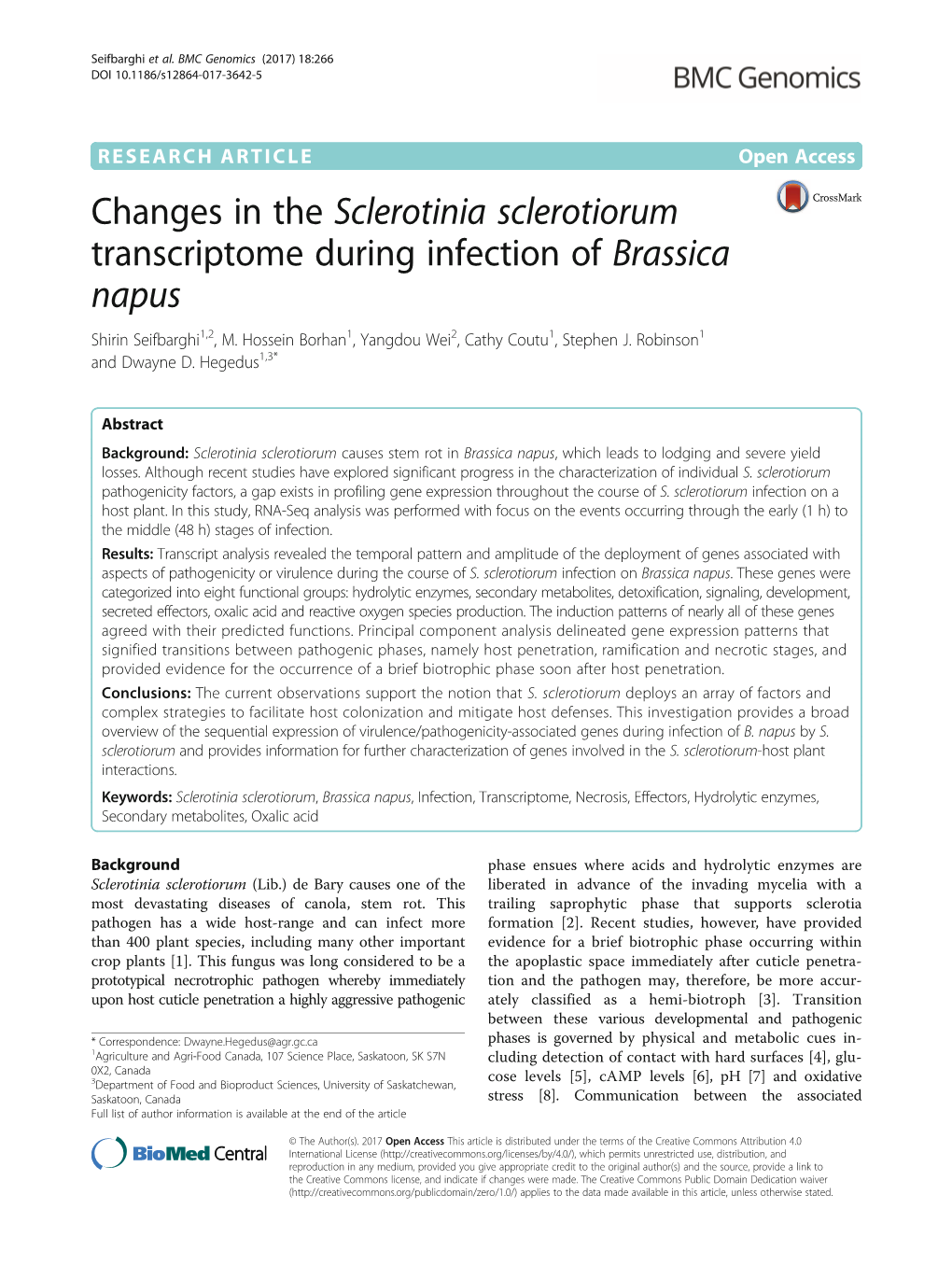 Changes in the Sclerotinia Sclerotiorum Transcriptome During Infection of Brassica Napus