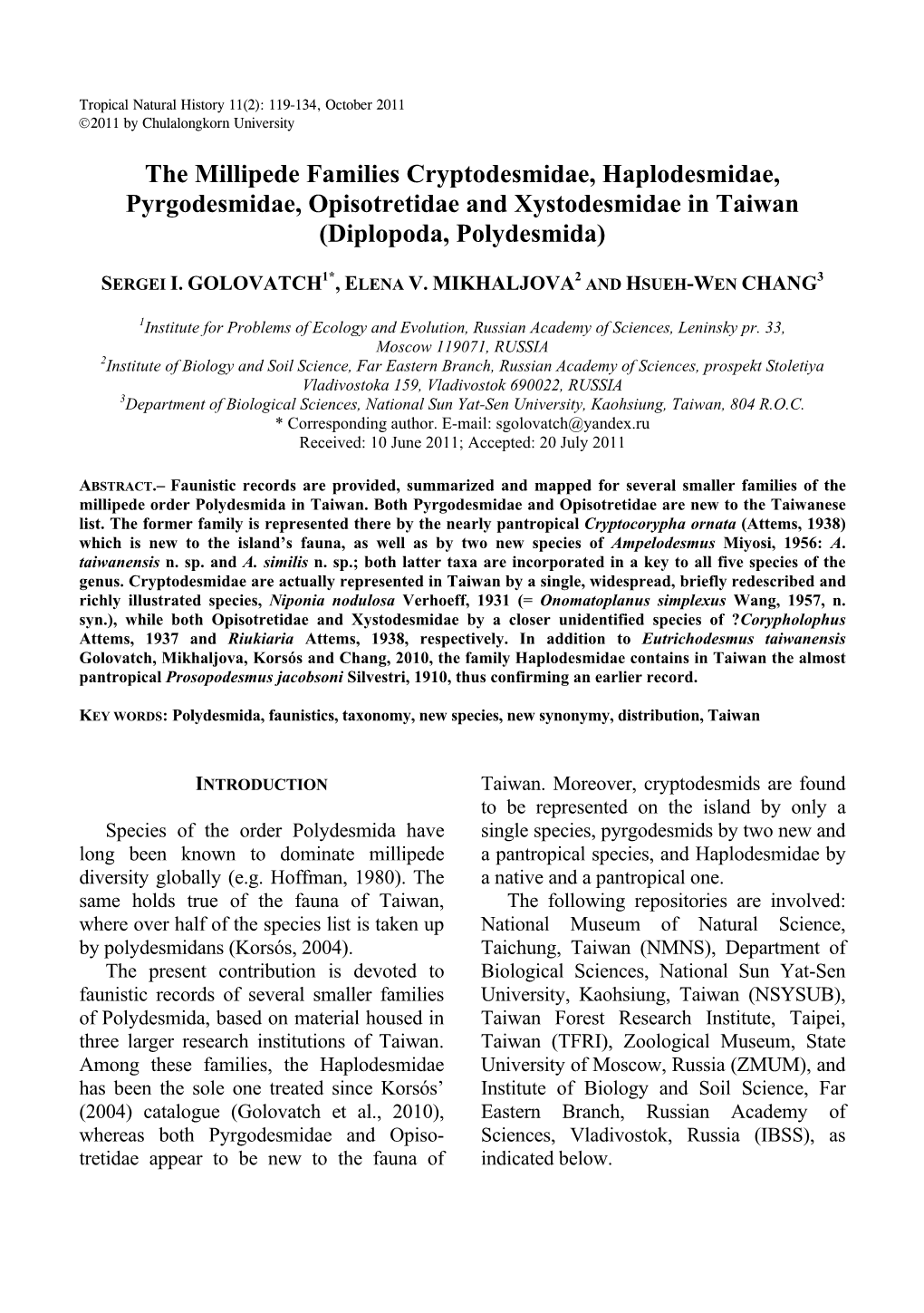The Millipede Families Cryptodesmidae, Haplodesmidae, Pyrgodesmidae, Opisotretidae and Xystodesmidae in Taiwan (Diplopoda, Polydesmida)