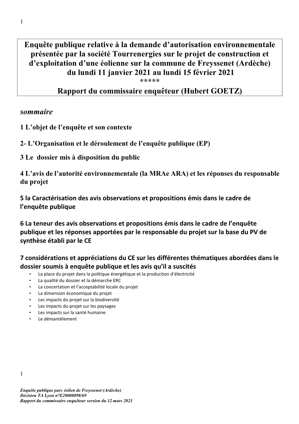 Enquete Publique Eolienne Freyssenet Rapport 12 Mars 2021