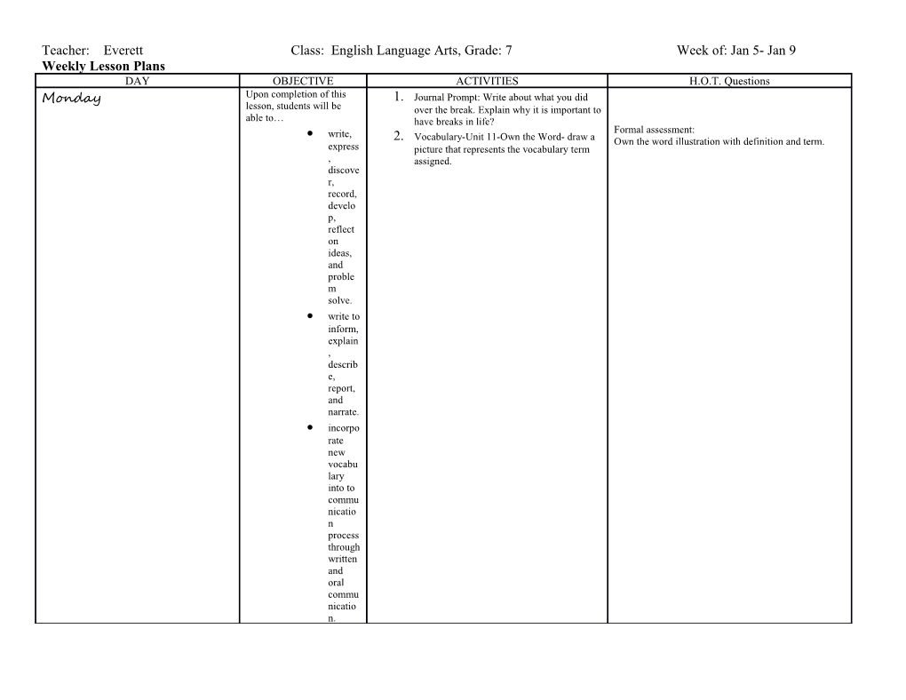 Weekly Lesson Plans s6