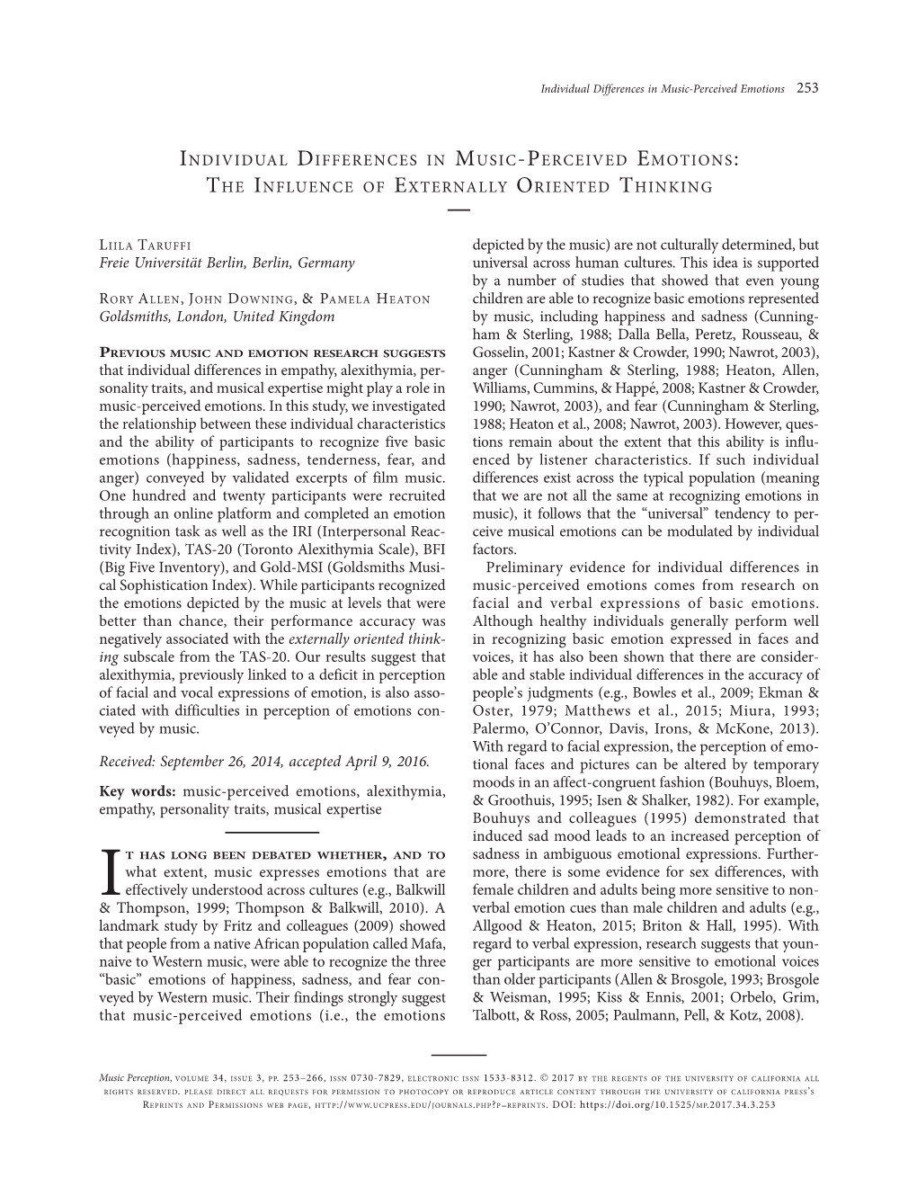 Individual Differences in Music-Perceived Emotions 253