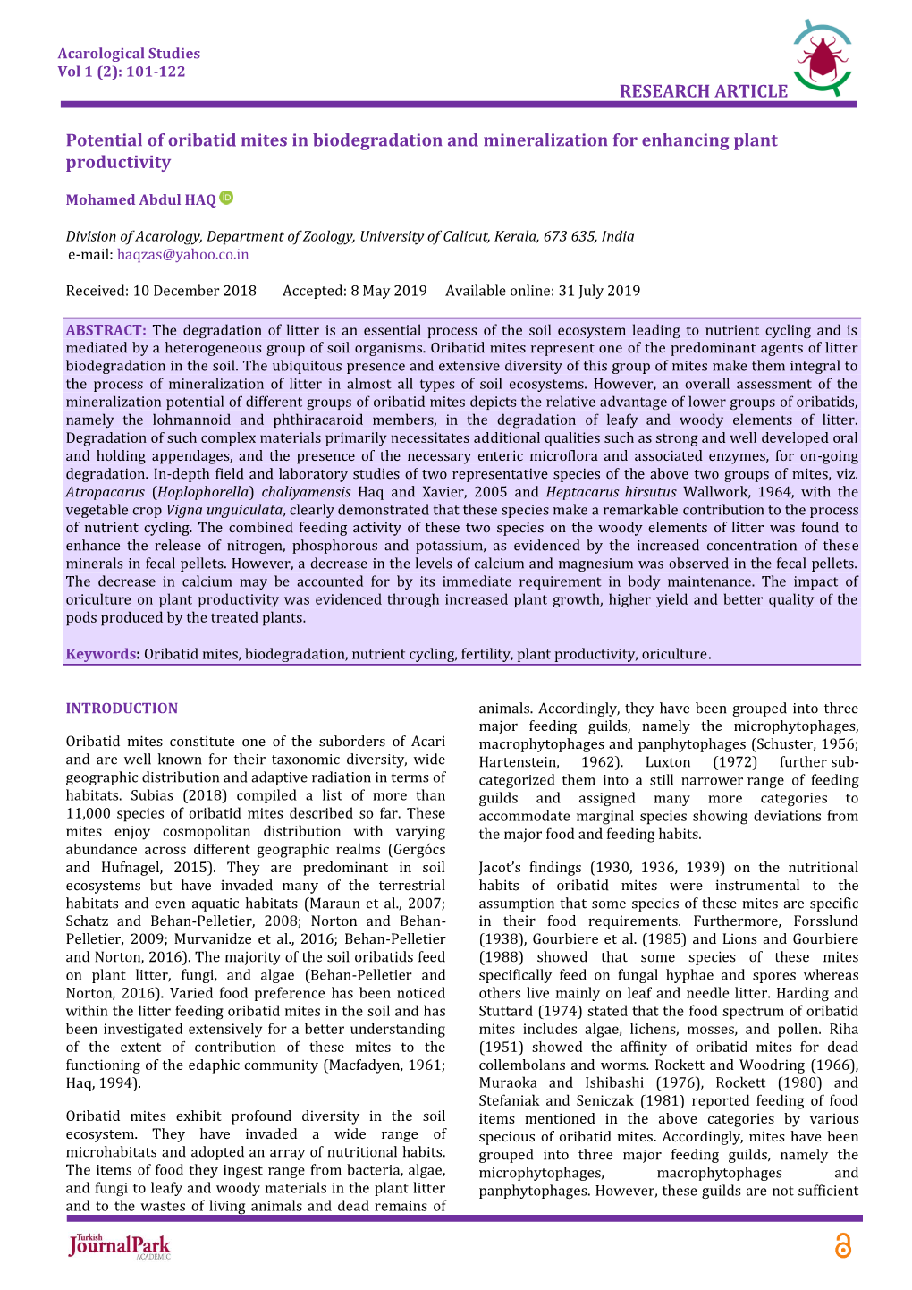 Potential of Oribatid Mites in Biodegradation and Mineralization for Enhancing Plant Productivity