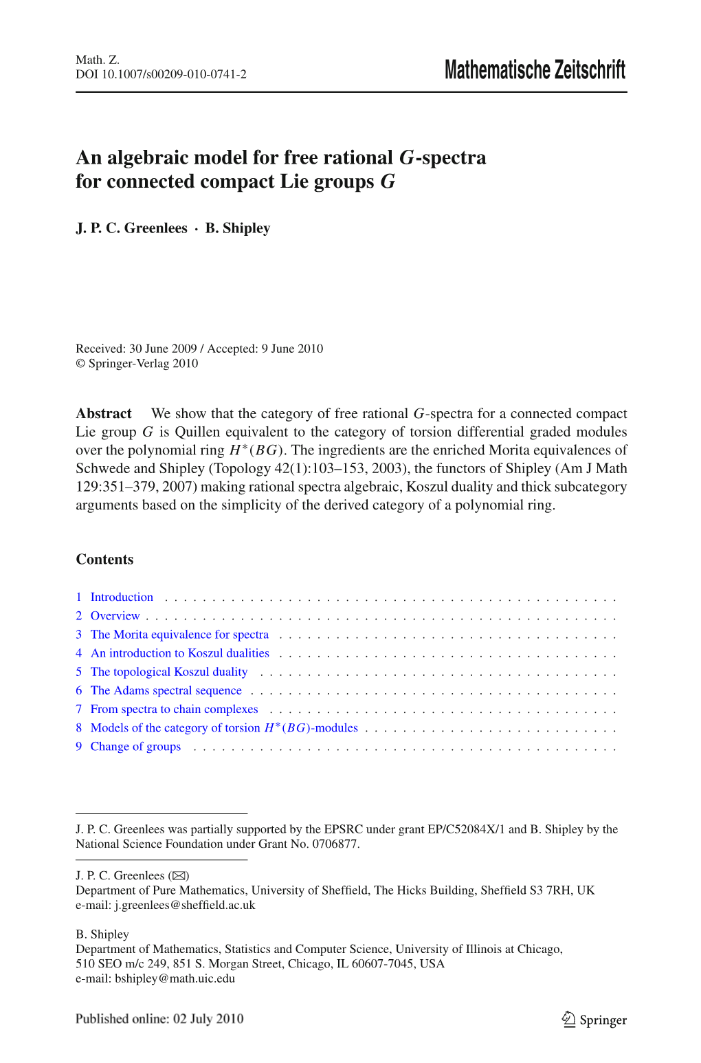 An Algebraic Model for Free Rational G-Spectra for Compact Connected