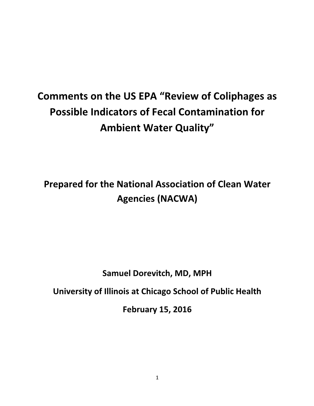 Comments on the US EPA “Review of Coliphages As Possible Indicators of Fecal Contamination for Ambient Water Quality”