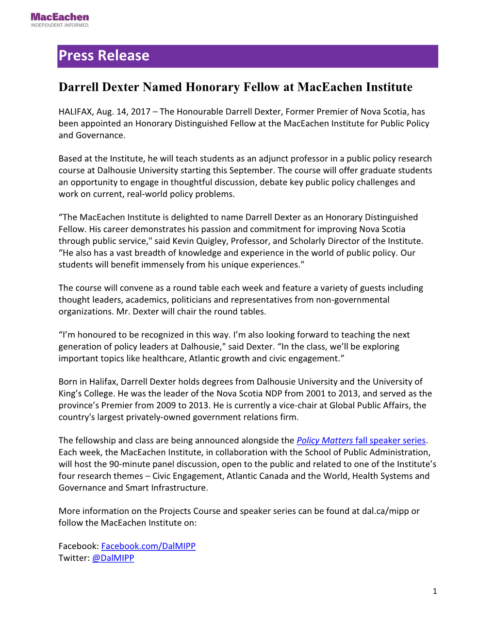 Press Release Darrell Dexter Named Honorary Fellow at Maceachen