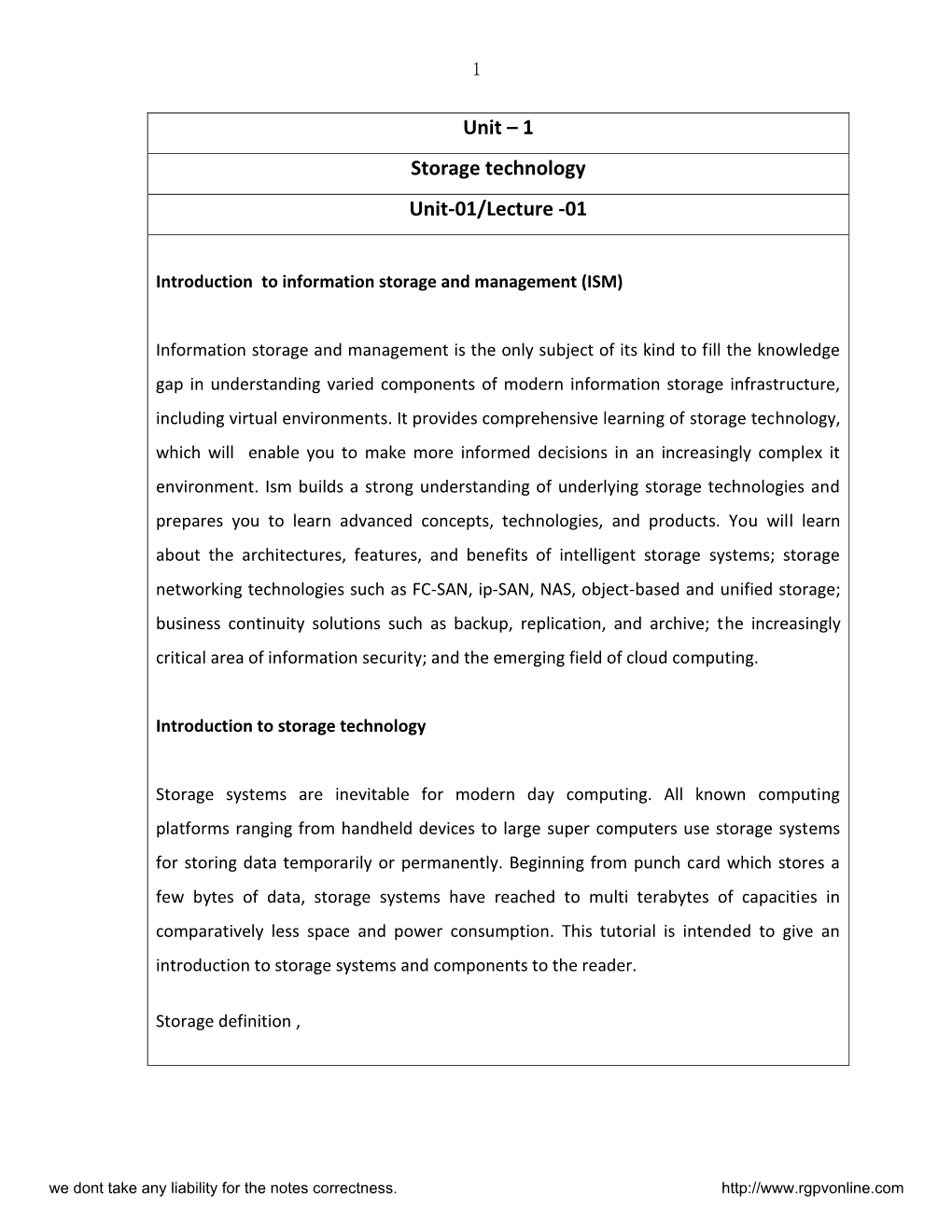 1 Storage Technology Unit-01/Lecture -01