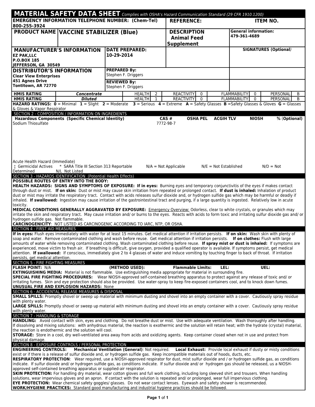 MATERIAL SAFETY DATA SHEET Complies with OSHA's Hazard Communication Standard (29 CFR 1910