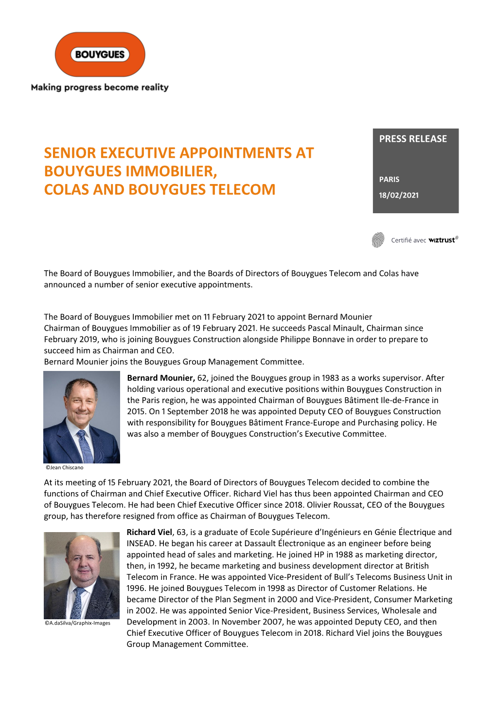 Senior Executive Appointments at Bouygues Immobilier, Colas and Bouygues Telecom