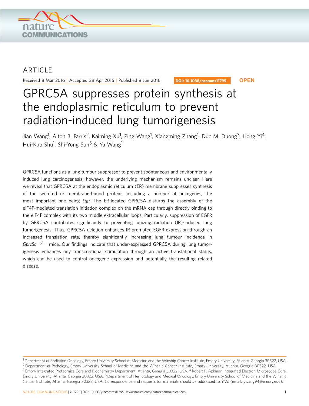 GPRC5A Suppresses Protein Synthesis at the Endoplasmic Reticulum to Prevent Radiation-Induced Lung Tumorigenesis