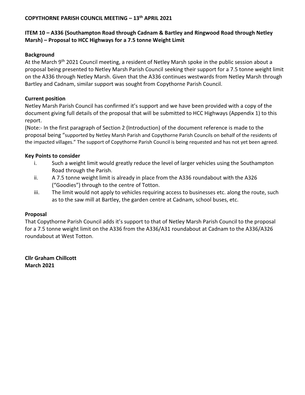 Report Re A336 7.5 Tonne Weight Limit Proposal