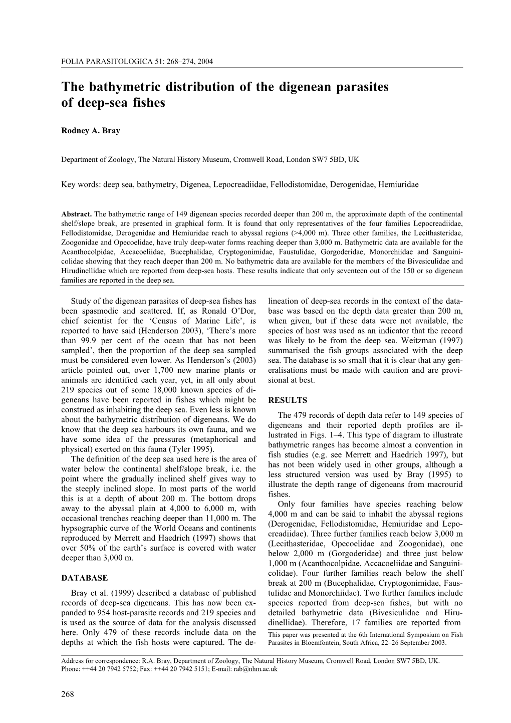 The Bathymetric Distribution of the Digenean Parasites of Deep-Sea Fishes