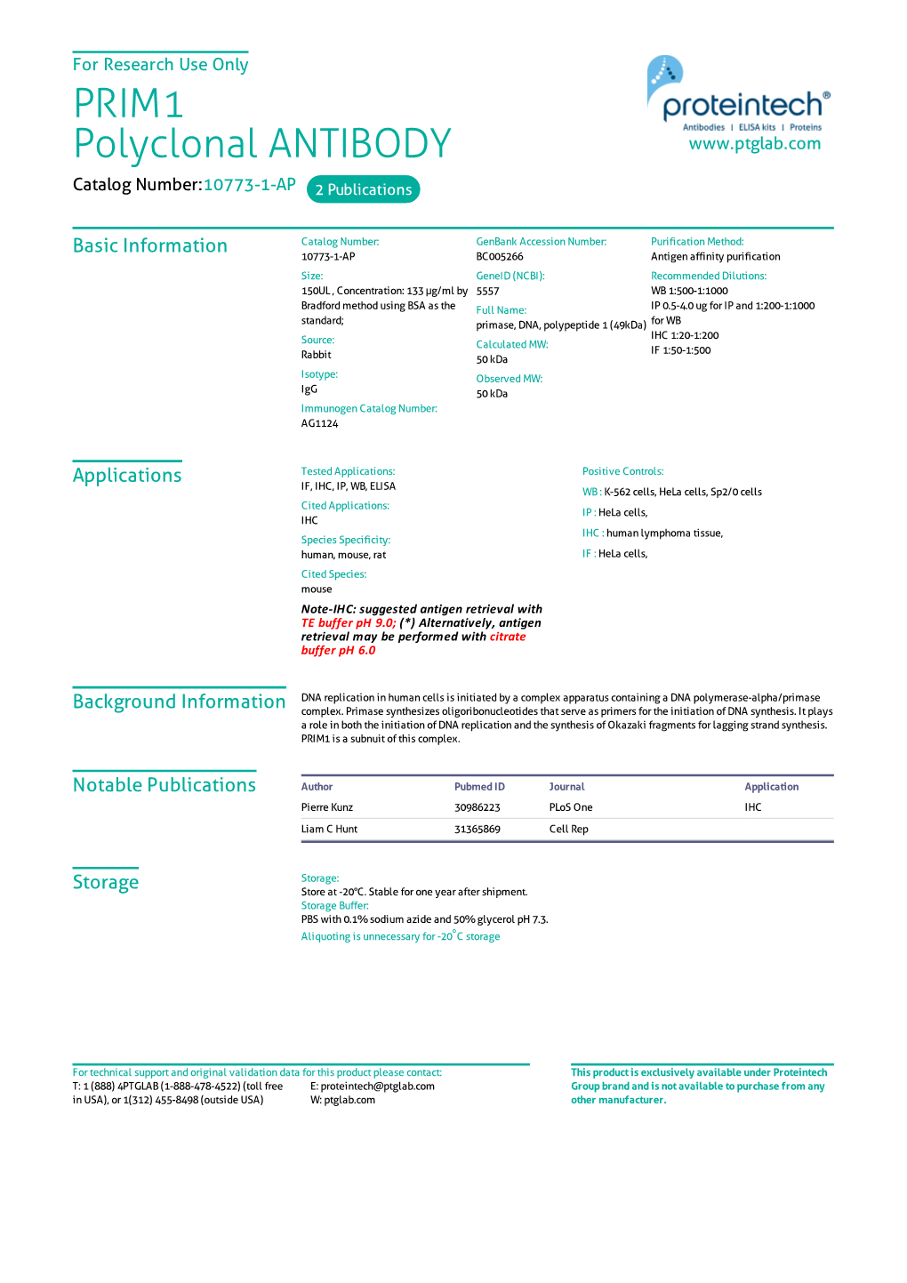 PRIM1 Polyclonal ANTIBODY Catalog Number:10773-1-AP 2 Publications