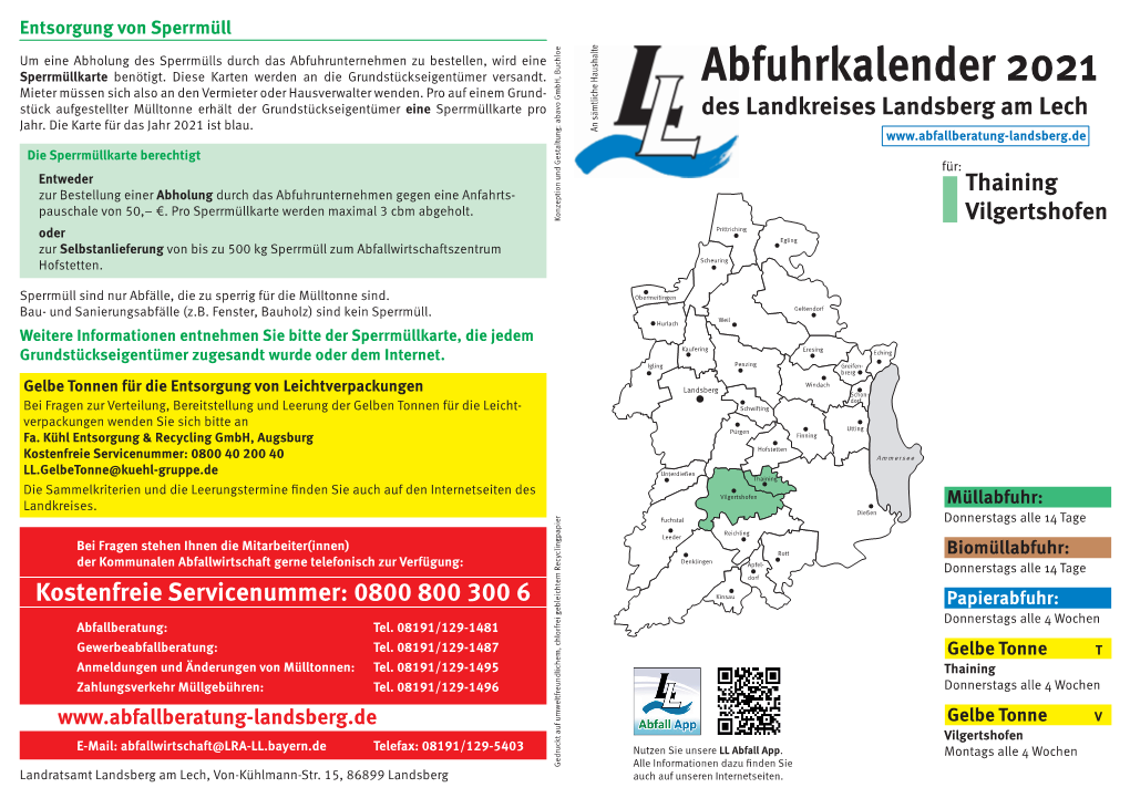 Abfuhrkalender Für Thaining Und Vilgertshofen Für Das Jahr 2021